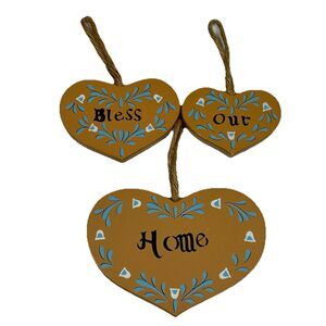 Vtg Wooden Heart Plaques "Bless Our Home" Rope Hanging Country Decor Cottagecore